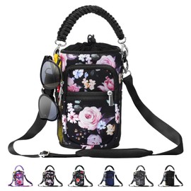 AceTreker Neoprene Half Gallon Water Bottle Sleeve with 5 Pockets, Paracord Handle, 64/128 oz Metal Water Bottle Pouch Holder with Adjustable Strap for Walking, Sport-Black Flower