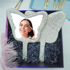 Frinnovan Rhinestone Mirror Handheld Butterfly Shaped Bling Lashes Hand Mirrors Shining Glitter Cosmetic Dazzling Mirror Portable Makeup Mirror (Silver)