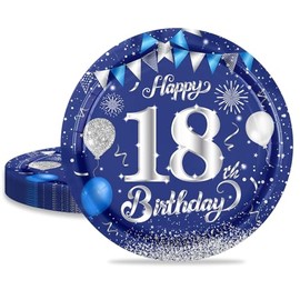 MORAINJAY 18th Birthday Paper Plates, Pack of 16 Blue with Silver Paper Plates for Girls Boys 18th Birthday Party, 7 inch/18 cm Paper Plates for 18th Birthday Party Decoration