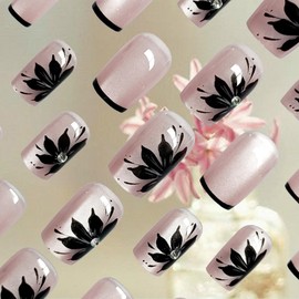 Black French Tips Press on Nails Black Flower Stick on Nails Cat Eye Acrylic Fake Medium Square Nails Glossy Sparkly Flower Cat Eye False Nails Rhinestones Gel Glue on Nail for Women Girls 24 Pcs