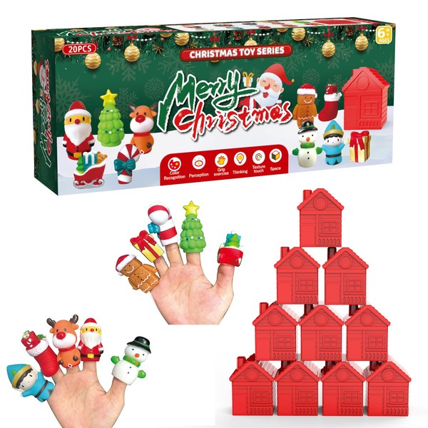 Christmas Toys for Kids, 2023 Xmas Gifts Toys for Boys Girls, 10 Christmas Finger Puppets & 10 Barns, Stacking & Sorting Learning Toys with Elk Santa Claus Snowman Christmas Tree for 1,2,3 Year Old