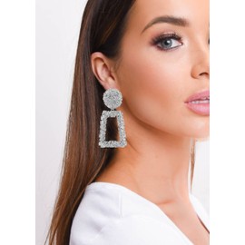 ATIMIGO Rectangle Statement Dangle Earrings Large Metal Geometric Earrings Silver Drop Earrings for Women