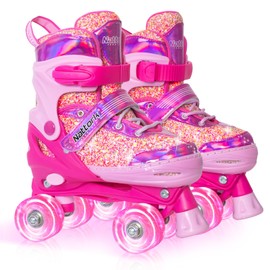 Nattork Kids Roller Skates for Girls Kids, 4 Sizes Adjustable Fluorescent Quad Skates with Light up Wheels & Safety Protection - Cool Birthday Gift for Indoor Outdoor Sports