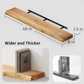 SAUMONIERES Live Edge Floating Shelves for Bedroom Living Room Wall Mounted Storage Long Natural Elm Wood Shelf Large Heavy Duty 8 Inch Deep, 48 inch Set of 1 Narutal Floating Shelf