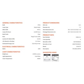 Sunlite 03681-SU MH1000/U/BT56 M47/S Metal Halide Lamp, 1000 Watts, Mogul Base (E39), BT56, 12,000 Hours Life, 110,000 Lumen, Clear Finish, 1 Count (Pack of 1)