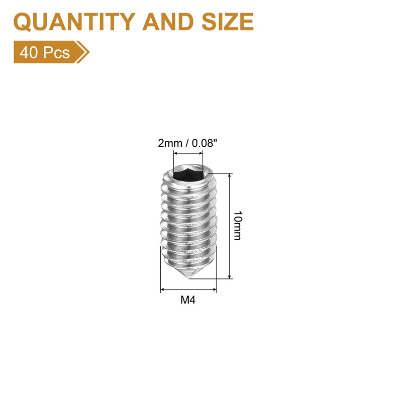 sourcing map 40Pcs Set Screws M4x10mm 304 Stainless Steel Cone