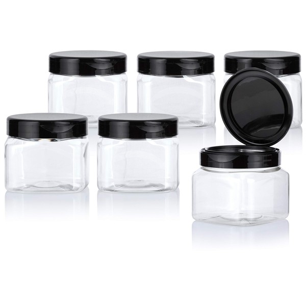 16 oz Clear Plastic PET Square Empty Jar (BPA Free) (6 pack) (Black Flip Top Cap)