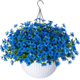 Artificial Fake Hanging Plants Flowers Basket for Outdoor Outside Decoration, Faux Silk Blue Daisy UV Resistant Look Real for Porch Patio Balcony Home Yard