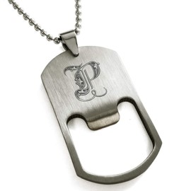 Tioneer Stainless Steel Letter P Initial Royal Monogram Bottle Opener Dog Tag Pendant Necklace