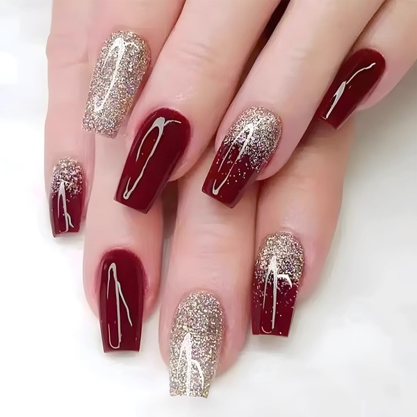 EternalClassic Coffin Press On Nails Medium Dark Red Ombre Fake