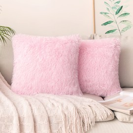 MIULEE Pack of 2 Luxury Faux Fur Throw Pillow Cover Deluxe Decorative Plush Pillow Case Cushion Cover Shell for Sofa Bedroom Car 18 x 18 Inch Pink