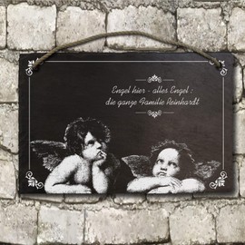 elbedruck Slate Board Dreaming Angel Approx. 21 x 29 cm Engraved with Desired Text and Name, Slate Plate as Bell Sign, Door Sign Motif by Raphael (with Drill Hole and Cord)