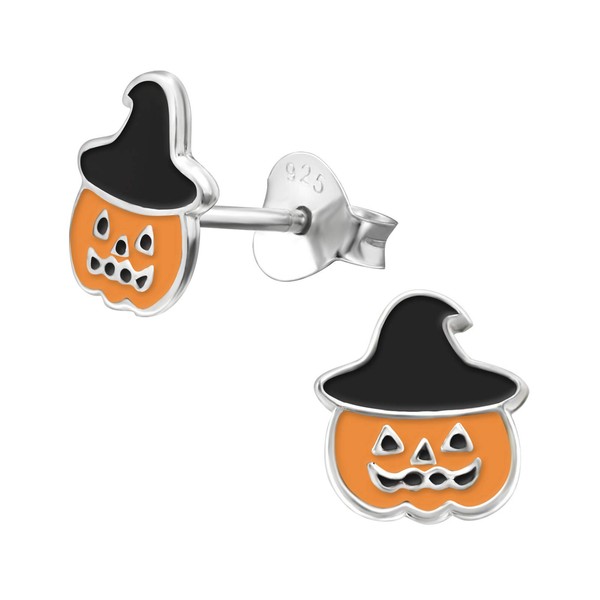Bungsa Halloween Pumpkin Stud Earrings with Witch Hat for Small