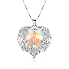Flyonce Guardian Angel Wing Heart Necklace for Women, Embellished with Crystal Love Pendant Necklace, Christmas Valentines Birthday Mother's Day Jewelry Gifts Iridescent Clear AB