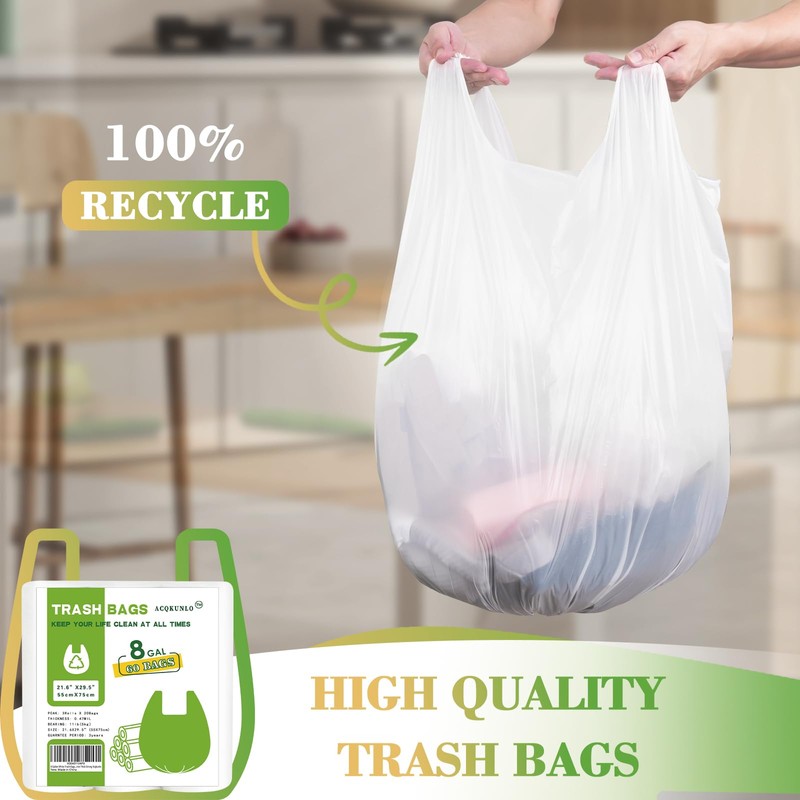 8 Gallon White-Trash-Bags Unscented Tall Kitchen - Large Plastic Garbage