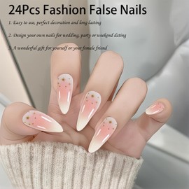 Long False Nails French Tip,24PCS White Pink Gradient Star Glitter False Nails,Acrylic Full Cover Fake Nails with Jelly Glue for Women Girls (French White Pink, One Size)