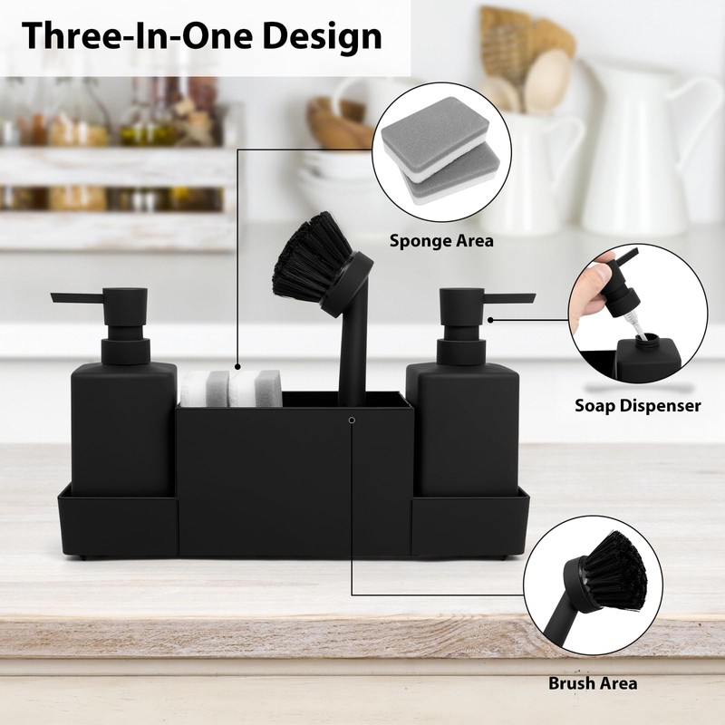 ZephyrCraft Kitchen Soap Dispenser Set with Sponge Holder and Brush