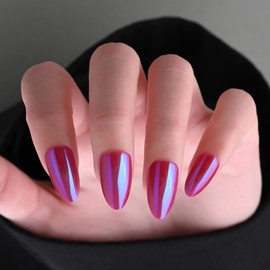 Stbisen Chrome Press on Nails Short Almond, Pink-Purple Press on Nails Almond, Fashion Gel Fake Nails, Reusable Glossy Stick on Nails for Women, Glue on Nails Kit,15 Sizes - 30Pcs