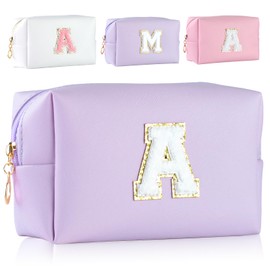 MSQ Personalisierte Make-up Tasche für Frauen,A-Z Initialen wasserfeste Reise Kosmetiktasche aus Leder,Geburtstagsgeschenk für Frauen und Mädchen (Buchstaben A) Lila