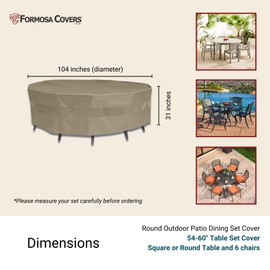 Formosa Covers - Patio Set Cover 104" Dia. Fits Square, Oval or Round Table Sets, UV Treated Taupe Polyester, Vented Design, No Umbrella Hole