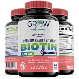 1 Bottle, Grow Vitamin Total Glow, Biotin Gummies 10,000mcg [Highest Potency] for Healthy Hair, Skin & Nails for Adults & Kids - Vegan, Non-GMO, Strawberry, Pectin-Based Hair Growth Supplement (60 Ct)
