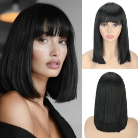 QUEENTAS Short Black Bob Hair Wigs for Women Light Black Wig Full Head with Bangs Synthetic Hair Straight Black Bob Wig for Daily Party Cosplay