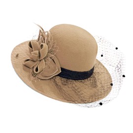 Large Brim Felt Fedora Formal Hat Wool Mix Occasion Birdcage Veil Netting Hatinator Fascinator (Wool Blend, Beige/Camel/Light Tan)