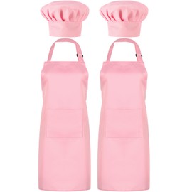 SATINIOR 2 Sets Chef Hats and Aprons with 2 Pockets Kicthen Cooking Baking Aprons Chef Halloween Costume for Home Holidays(Pink)