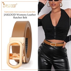JASGOOD Ratchet Leather Belt for Women Ladies Ratchet Belt for Jeans Pants Dresses with Gold Buckle, 02 Style-Brown,Suit for Size 26"-31"