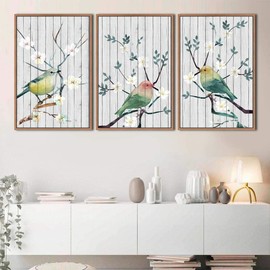 SIGNWIN 3 Piece Framed Canvas Wall Art Colorful Birds Standing on Trees Canvas Prints Home Artwork Decoration for Living Room,Bedroom - 24"x36"x3 Panels