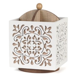 AHUONEL Rotating Utensil Holder for Kitchen Counter, Wood Utensil Organizer Silverware Organizer Rustic Cutlery Holder Utensil Crock, White Flatware Organizer Utensil Caddy for Forks, Spoons, Knives