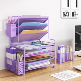Simple Trending 7 Tier Desk File Organizer, Letter Tray Paper Organizer with Pen Holder and Metal Hanging Basket, Purple
