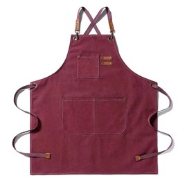 BBQ Aprons for Men, Practical Work Apron, Work Apron with Pockets with Adjustable Straps for Hairdresser, Kitchen, Gardener, red