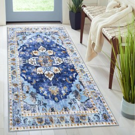 Aruiliya Washable Entryway Area Rug, 2x4 Small Boho Abstract Non Slip Area Throw Rug for Living Room Bedroom Kitchen Door Mat Indoor Entrance, Yellow Blue