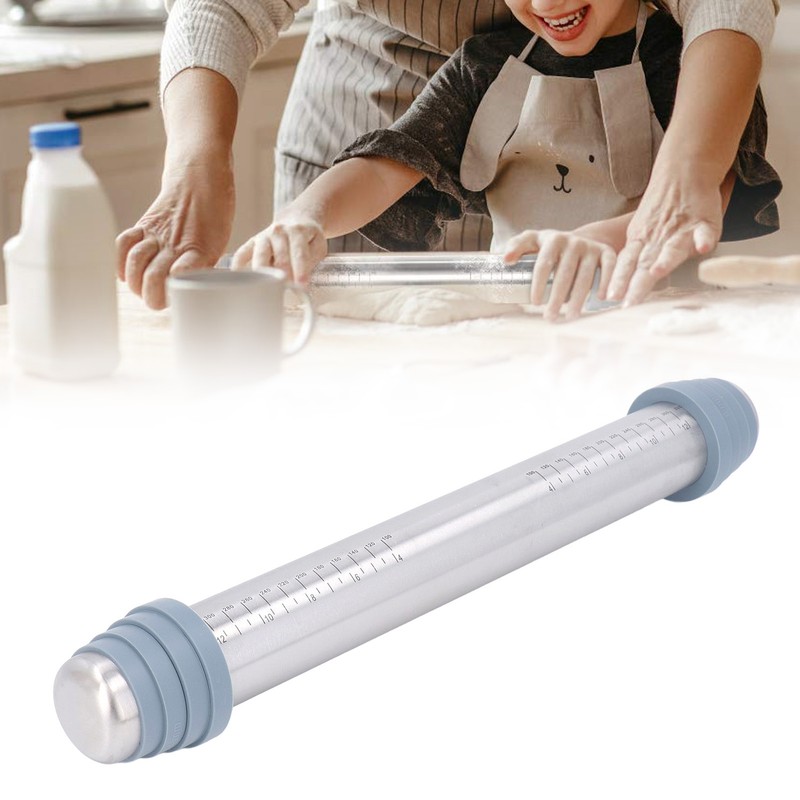 Rolling Pin Dough Roller Stainless Steel with 4 Silicone Guide