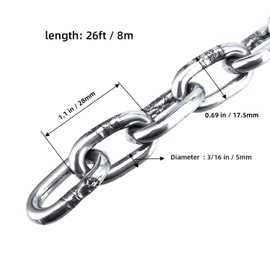 NINGWAAN 26 Feet x 3/16 Inch Stainless Steel Link Chain, 0.69 x 1.1 inch Heavy Duty Metal Chain, Zinc Plated Chain Metal Utility Chain for Hanging, Towing, Swing, Clothesline, 700 Lbs Loading Capacity
