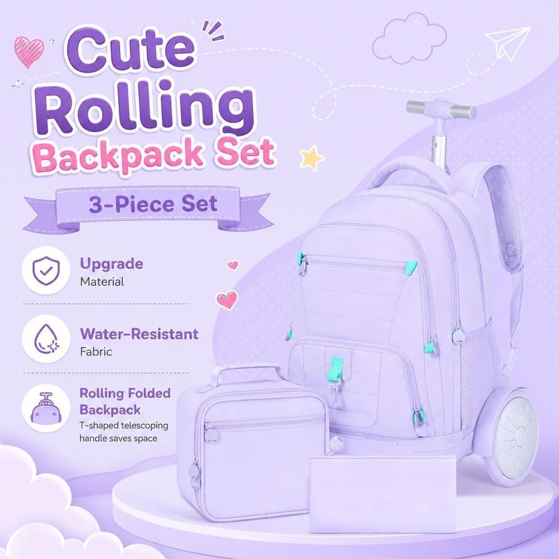 CCJPX 3Pcs Women & Girls Rolling Backpack with Bigger Wheels,