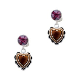 Delight Jewelry Silvertone Brown Ruffle Heart - Large Purple Crystal Clip on Earrings