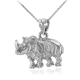 Fine 925 Sterling Silver African Rhino Rhinoceros Pendant Necklace, 20"