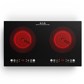 VBGK Electric Ceramic Cooktop,24 Inch Built-in Radiant Electric Stove Top,110V 2200W Double Electric Cooktop,LED Touch Screen,9 Heating Level, Timer & Kid Safety Lock, Sensor Touch Control