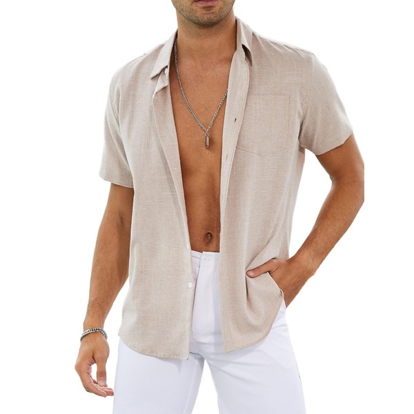 Evelom Linen Button Down Shirt for Men Short Sleeve Casual Shirts Mens Collar Summer Beach Shirt Khaki