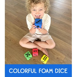 4 Foam Jumbo Playing Dice - Red, Yellow, Blue, Green - Kids Outdoor/Indoor Games, Classroom Supplies