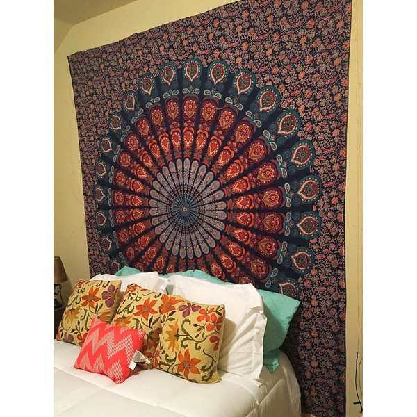 Bless International Handmade Indian hippie Bohemian Psychedelic Peacock Mandala Wall hanging College Dorm Beach Throws Table Cloth Bedding Tapestry (Golden Blue, Medium(54x60Inches)(137x152cms))
