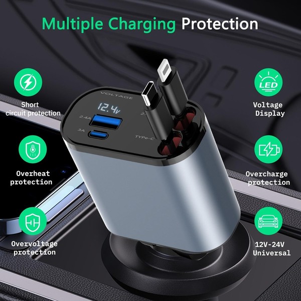 Retractable Car Charger 4 in 1 Fast Car Phone Charger