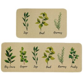 Herb Plant Rug Set- Sage/Parsley/Bay Leaves/Rosemary/Basil/Oregano Kitchen Rugs with Runner, Kitchen Mat Set of 2, Kitchen Decor Accessories Things, Floor Mat for Home Kitchen, 17x30 and 17x47 Inch