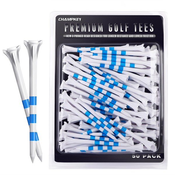 CHAMPKEY Premium 3 Prongs Golf Tees 50 Pack or 100 Pack - Low Friction and Resistance Golf Plastic Tees - Improve Swing Accuracy and Distance (50 Pack, 3-1/4")