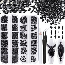 Nail Rhinestones 1560PCS 2-5mm Glass Black Round Flatback and Multi Shape Crystal Shine Diamonds for DIY Crafts Nail Art