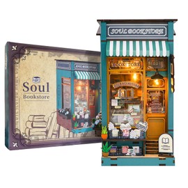 OurMiao Book Nook Kit Soul Bookstore, DIY Wooden Booknooks Kit for Adults Women Teens, Bookshelf Diorama Miniature Scenes Insert Decor with LED Light, Miniature House Kit Bookstore Model Gifts