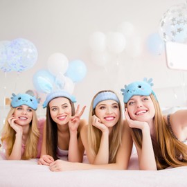 Kajaia 12 Pcs Axolotl Sleep Eye Masks and Spa Headband Set Cute Soft Sleepover Party Supplies Axolotl Party Favors Skincare Headbands Plush Eye Mask for Single Women Spa Pajama Party Supply(Blue)