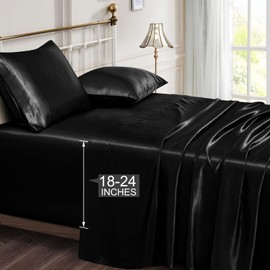 Vonty Satin Sheets Extra Deep Pocket Queen Sheet Sets - Cooling & Silky Satin Queen Size Sheets with 18-24 Inch Deep Pocket, Black Satin Bed Sheets Fit Up to 24" Deep Mattress - 4 Piece